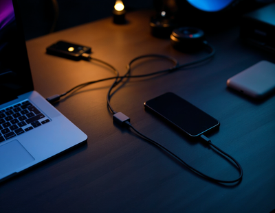 Dark-themed workspace with a MacBook and iPhone safely connected through Apple power extension cables, showcasing a secure and organized charging setup as discussed in Sour Tech’s guide.