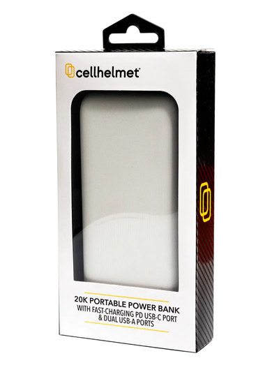 CELLHELMET 20K MAH POWER BANK - TWO TYPE A PORTS AND ONE TYPE C. 20W PD & 18W QC