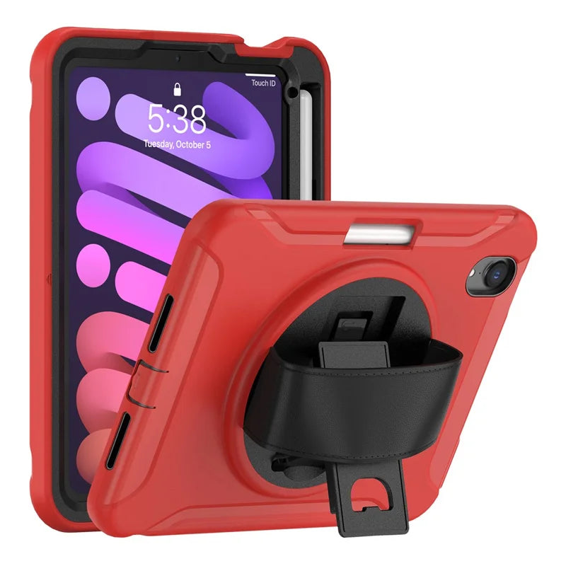 360 Degree Rotary Kickstand PC + TPU Hybrid Tablet Case Cover with Hand Strap for iPad mini (2024) / mini (2021)